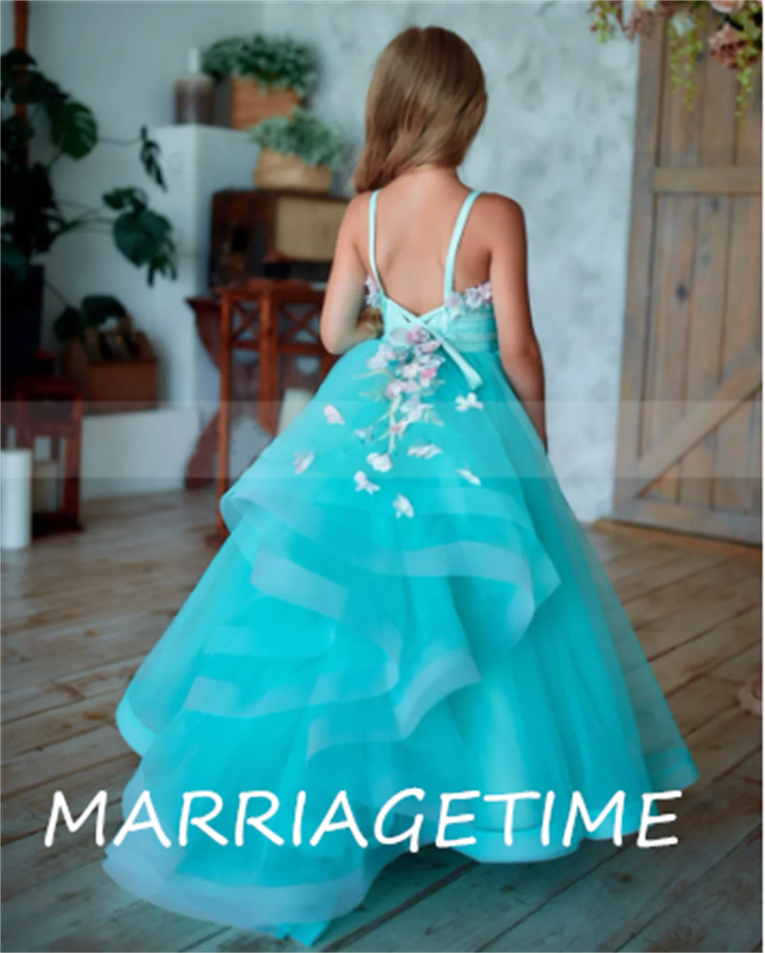 Turquoise Tulle 3D Flowers A-Line Flower Girl Dress for Wedding Backless Straps Kid Princess Pageant Gown Birthday Dress