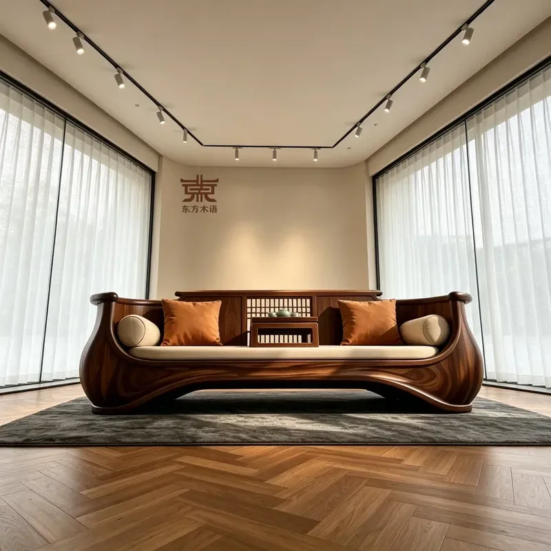 New Chinese Style Solid Wood Sofa Straight Row Song Aesthetics 2026 Black Walnut Creative Tenon Mortise Arc Shape