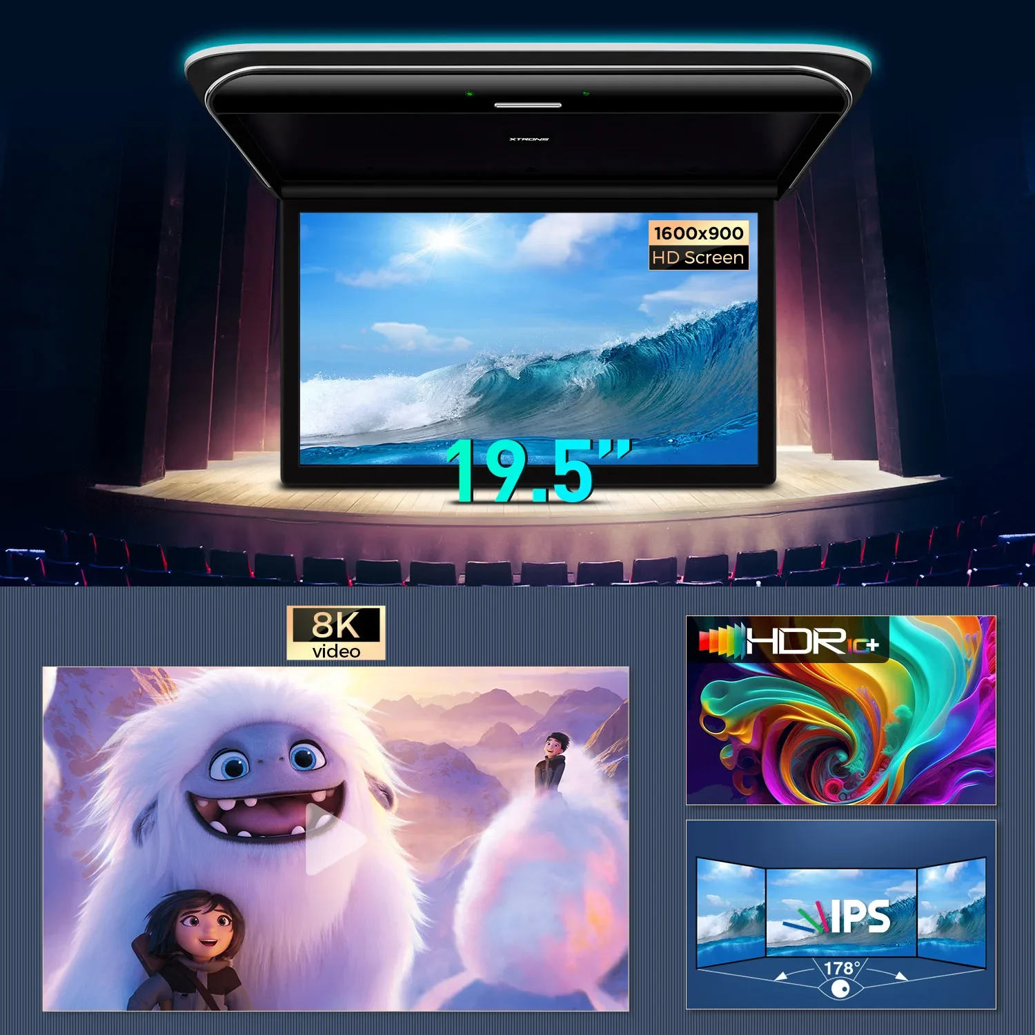Monitor de Techo para Auto XTRONS de 19.5 Pulgadas, Android Octa-core, Pantalla IPS 8K, Ángulo Ajustable hasta 170° ° con Duplicación de Pantalla USB HDR RCA 4