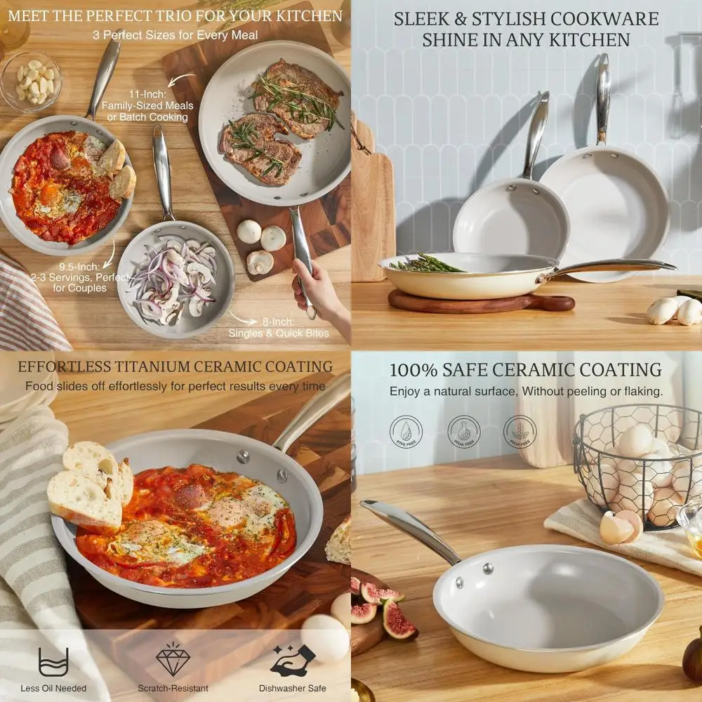 

Cream Titanium Ceramic Nonstick Frying Pan Set, 8, 9.5, 11, Oven & Dishwasher Safe, Stainless Steel Handle, PFAS/PTFE/PFOA-Free