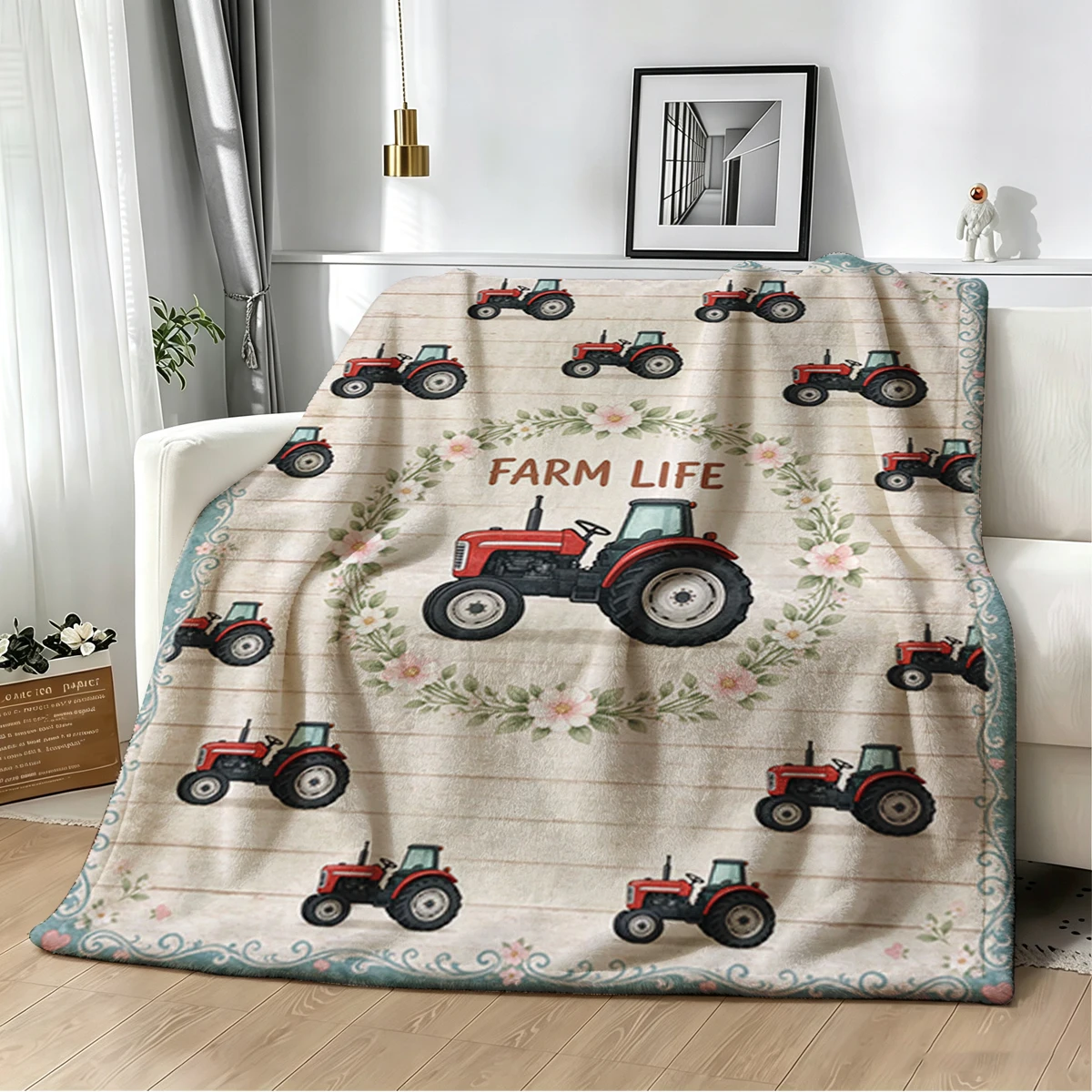 Farm Life Tractor Heart Flannel Blanket Warm Soft Halloween Christmas Decorative Couch Warm Cozy All-Season Gift