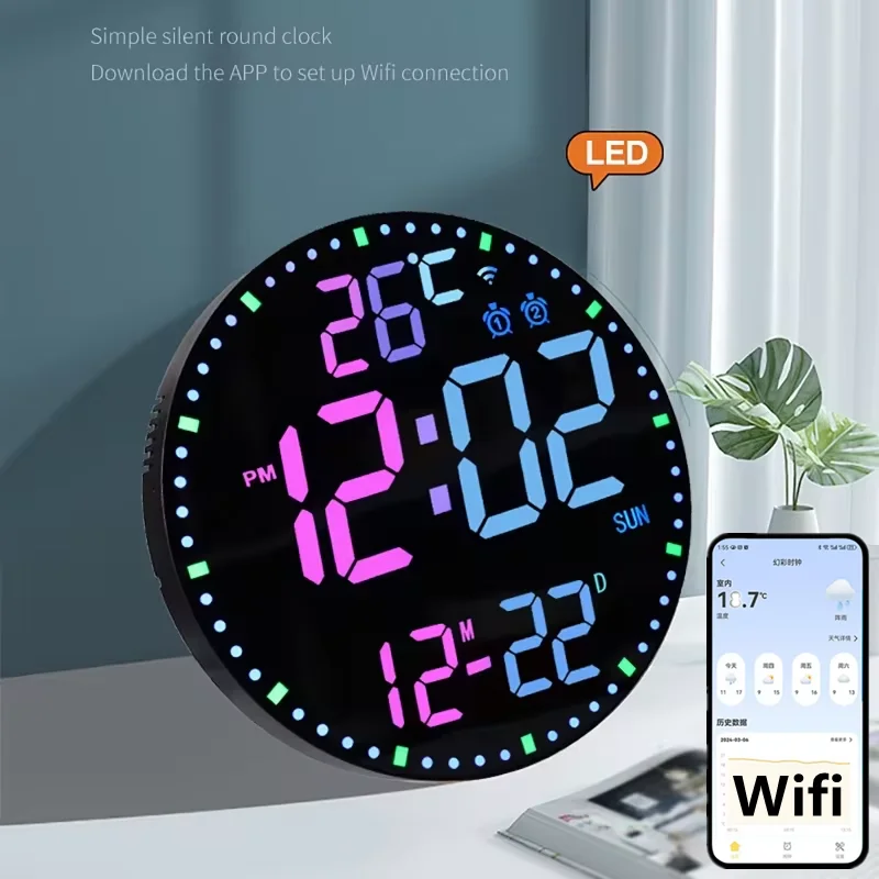 

LED Wifi Digital Wall Clock Multifunctional Temperature Display House Daily Alarm Clock Wall Hanging Colorful Intelligent Clocks