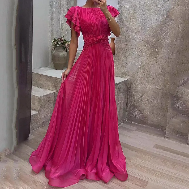 

Fashion O Neck Pile Up Sleeve A Line Dress Slim Ruffle Floor-Length Dress Elegant Lady Solid Nipped Waist Pleated Evening Dress