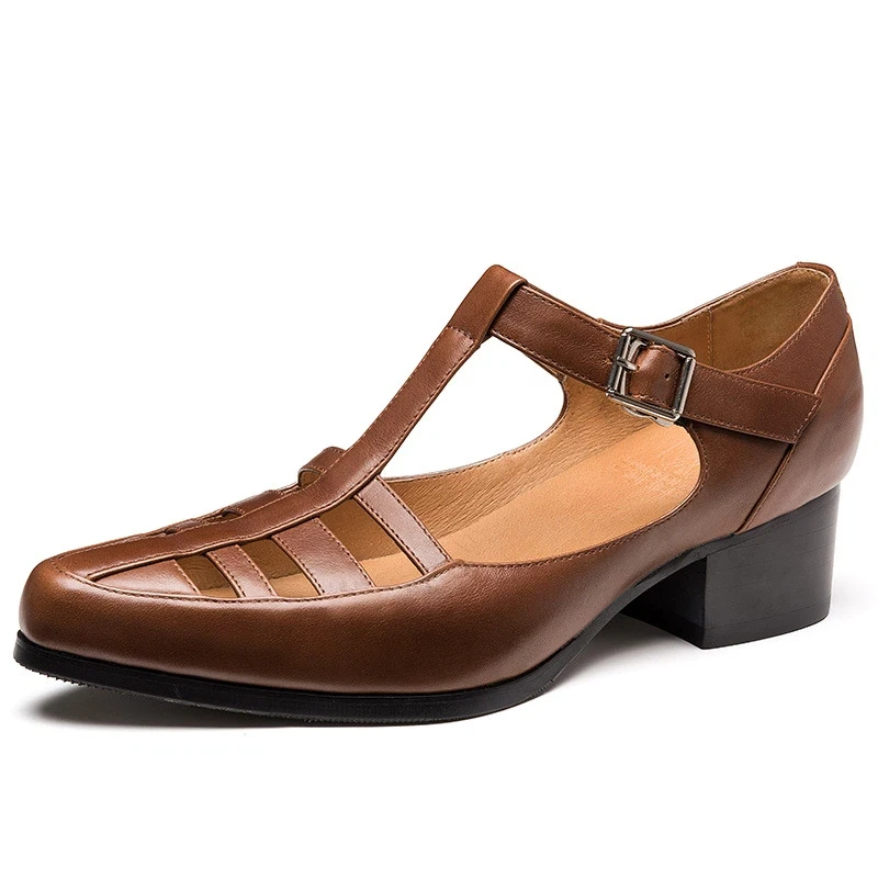 Vintage Mens Genuine Leather Sandals 2026 Summer New Fashion Hollow Breathable 3 Cm 5 Cm Height Outdoor Social High Heels Man