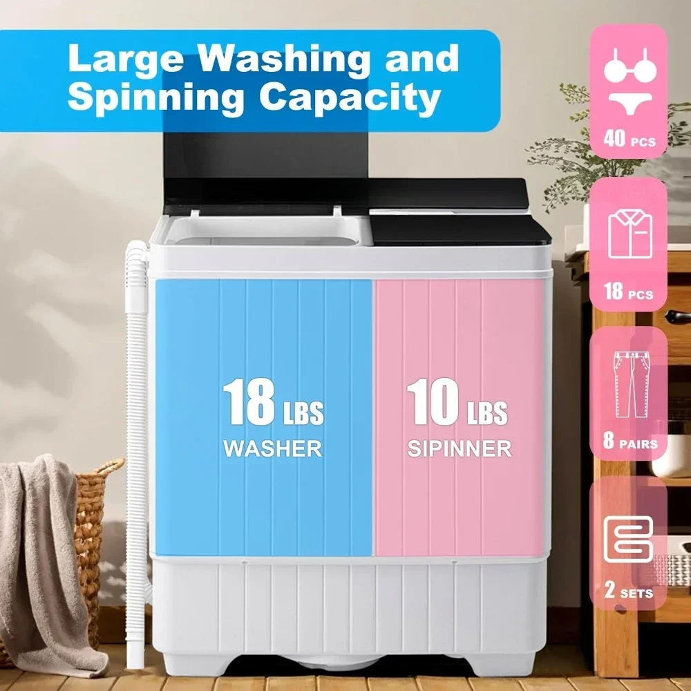 Portable Washer, Twin Tub Washer Spinner Combo W/ Drain Pump, 18Lbs Washer & 10Lbs Spinner Dryer, Full Automatic Laundry