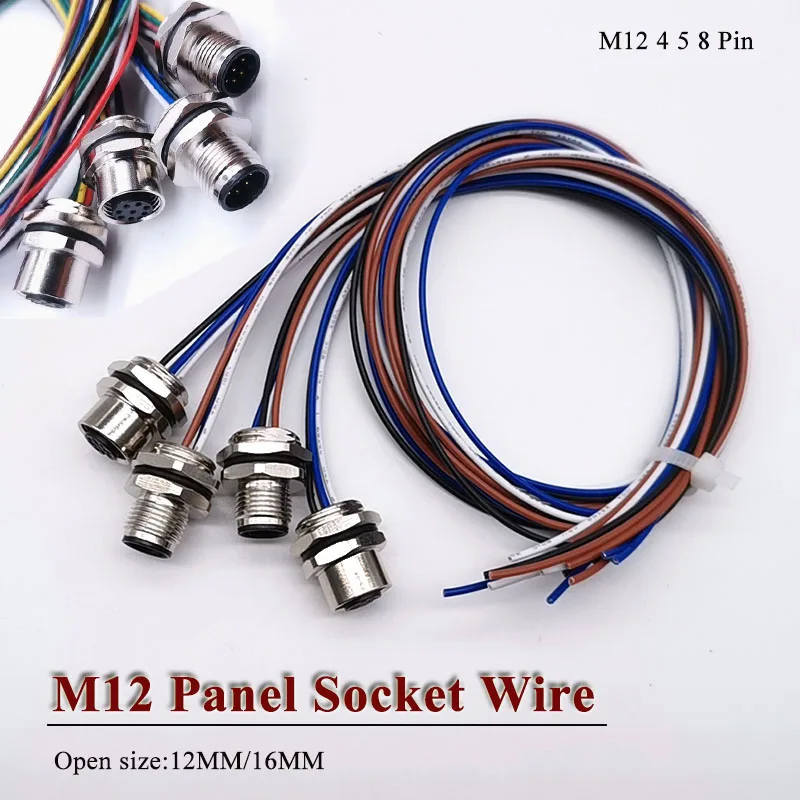 4 5 8 Pin M12 Panel Front/Rear Socket with 22AWG 20CM Line Waterproof Open 12/16MM Glued Cononector Cable Integrated Sensor Cord