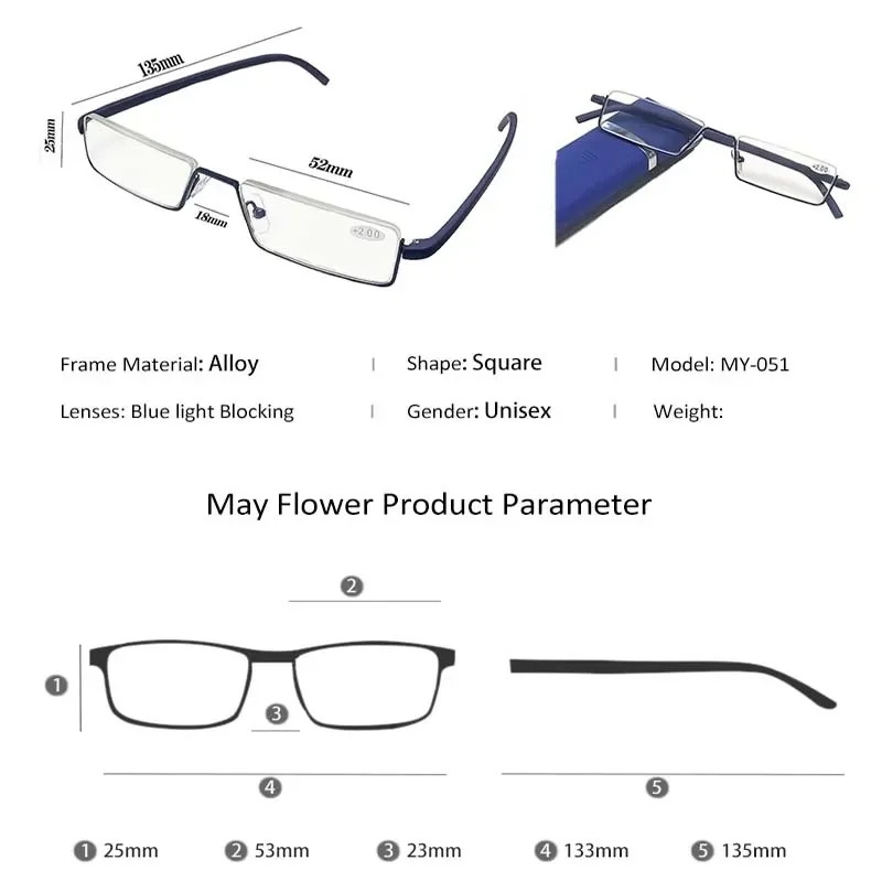 Business Anti Blue Light Reading Glasses Fashion Half Frame Unisex Classic Square Portable Eyewear with Box +1.0 To +4.0