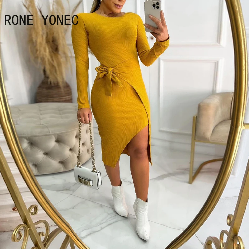 2024 Women Round Neck Long Sleeves Lace Up Midi High Silt Knitting Dresses