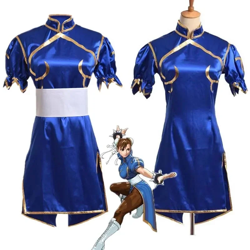 

Games Chun Li Cosplay Costumes Sutorito Faita Blue Cheongsam Dress Belt Headgear with Women Girls Clothes Halloween Party