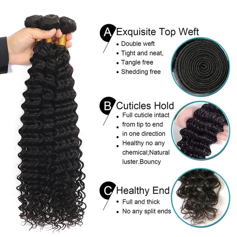 Bundel gelombang air dalam 100% ekstensi rambut manusia Remy Brasil jalinan ganda 3 bundel warna hitam alami