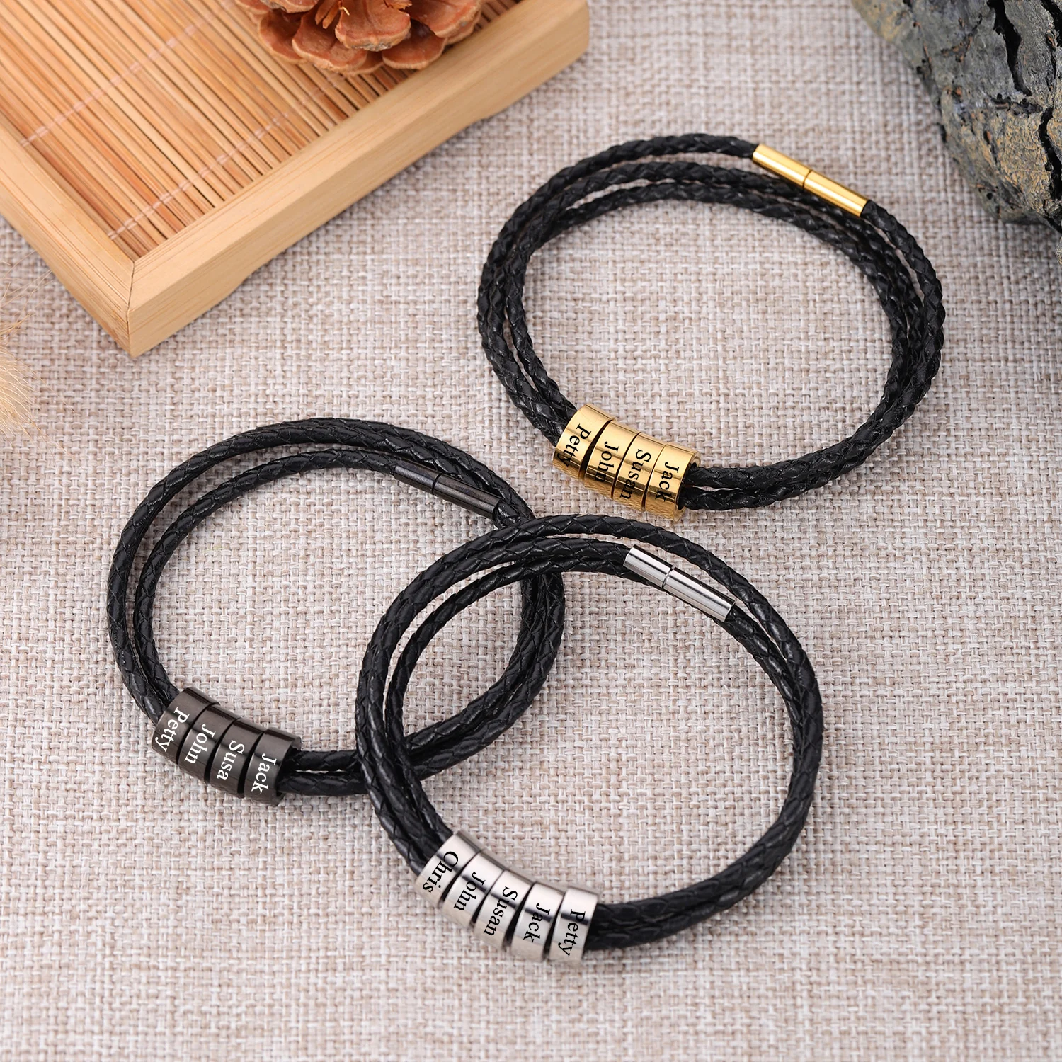 Father'sDay Gift Leather Cord Bracelet Personalized Family Name Pendant Stainless Steel Beads Custom Engraved Name Gift for Men