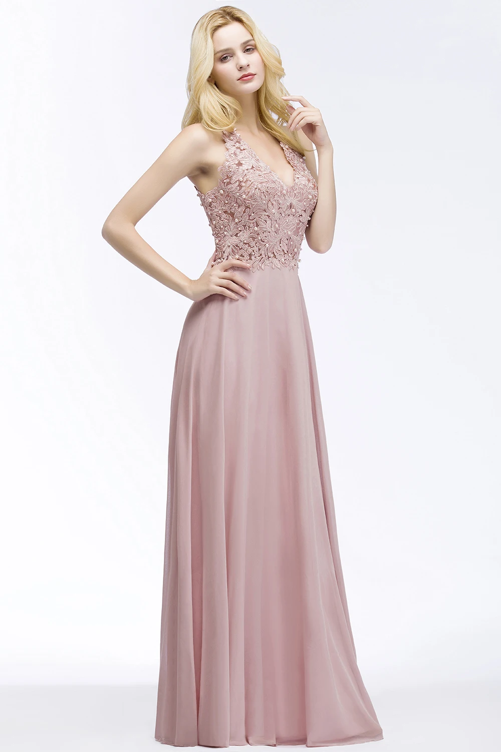 Sexy Pearls Lace Pink Women Maxi Dress Sexy Halter Neck Chiffon Long Evening Prom Dresses for Party Valentine Gift