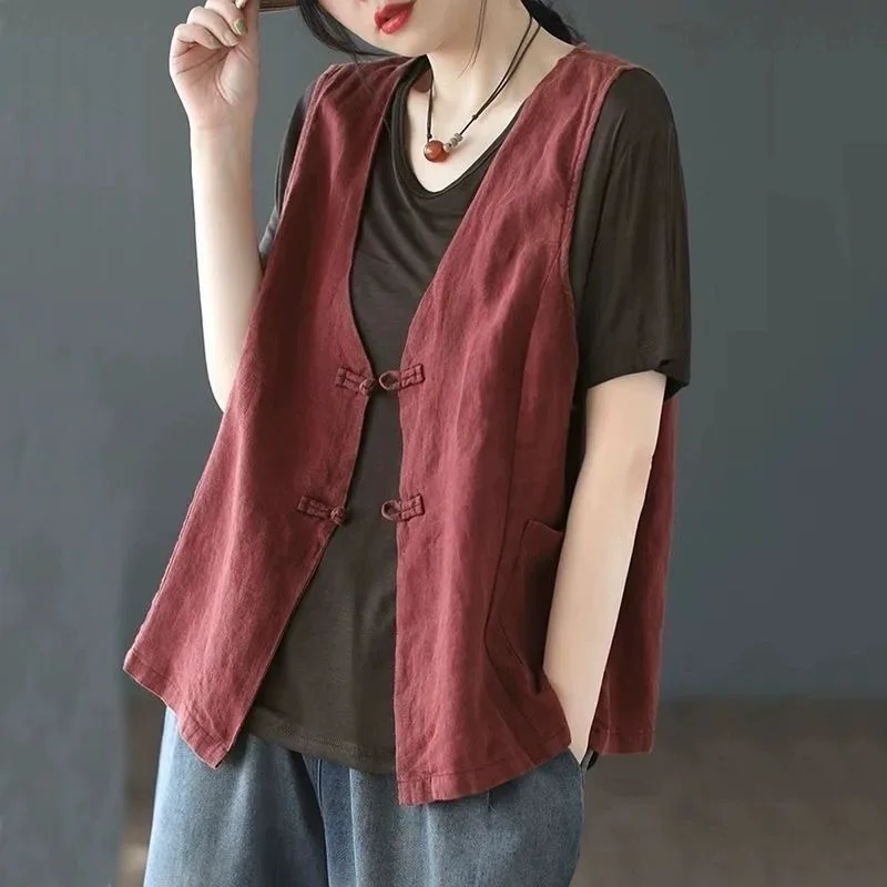 Rustic Brown Chinese Style Button Vest Casual Women's Vest