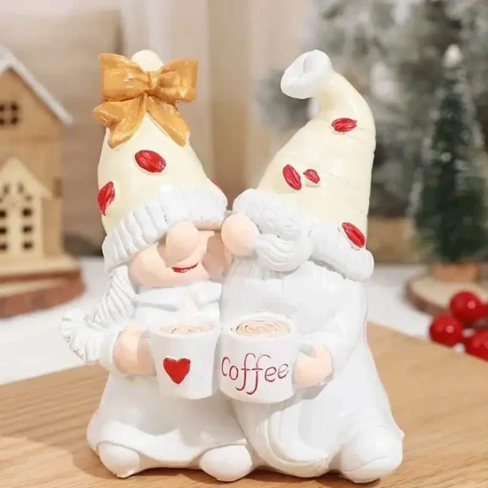 2pcs Handmade Coffee Gnome Resin Dwarf Figurine with Coffee Cup Christmas Ornament Mini Desktop Home Decor Gift