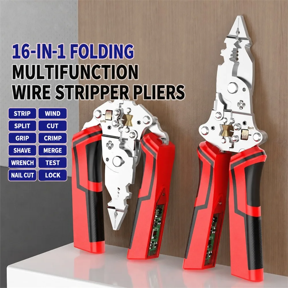 Multifunctional Folding Electrician Pliers, 16-in-1 Rechargeable Wire Stripper with Voltage Tester Cable Cutter Tool