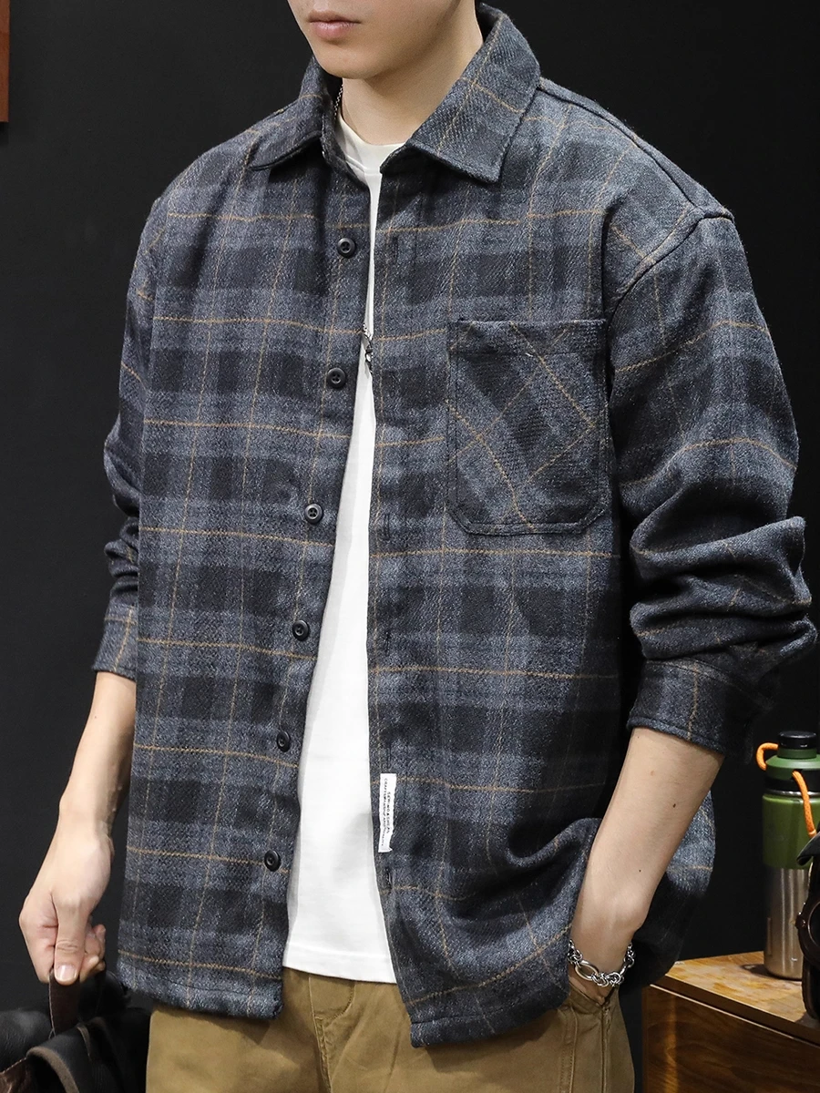 

Japanese Sle Plaid Long Sve Casual irt Men's Heavyweight Brued Collar Jaet Spring Autumn New Faion Brand