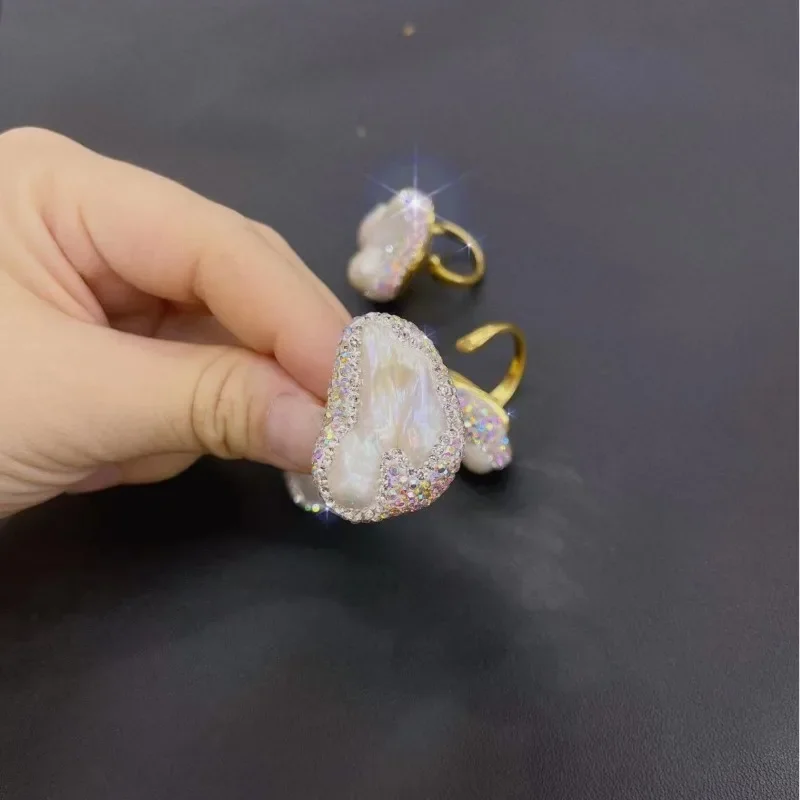 Natural Baroque Freshwater Pearl Finger Rings Rhinestone Clay Setting 18K Gold Plated Luxury Women Party Exquisite Jewelry