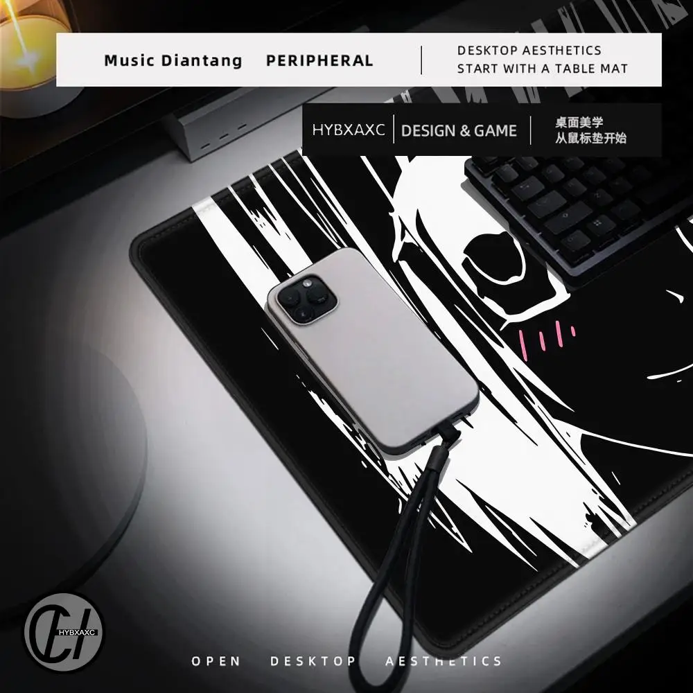 Grunge Anime Girl Large Mouse Pad, Black White Sketch Aesthetic Desk Mat, Non‑Slip Extended Gaming Keyboard Pad Laptop