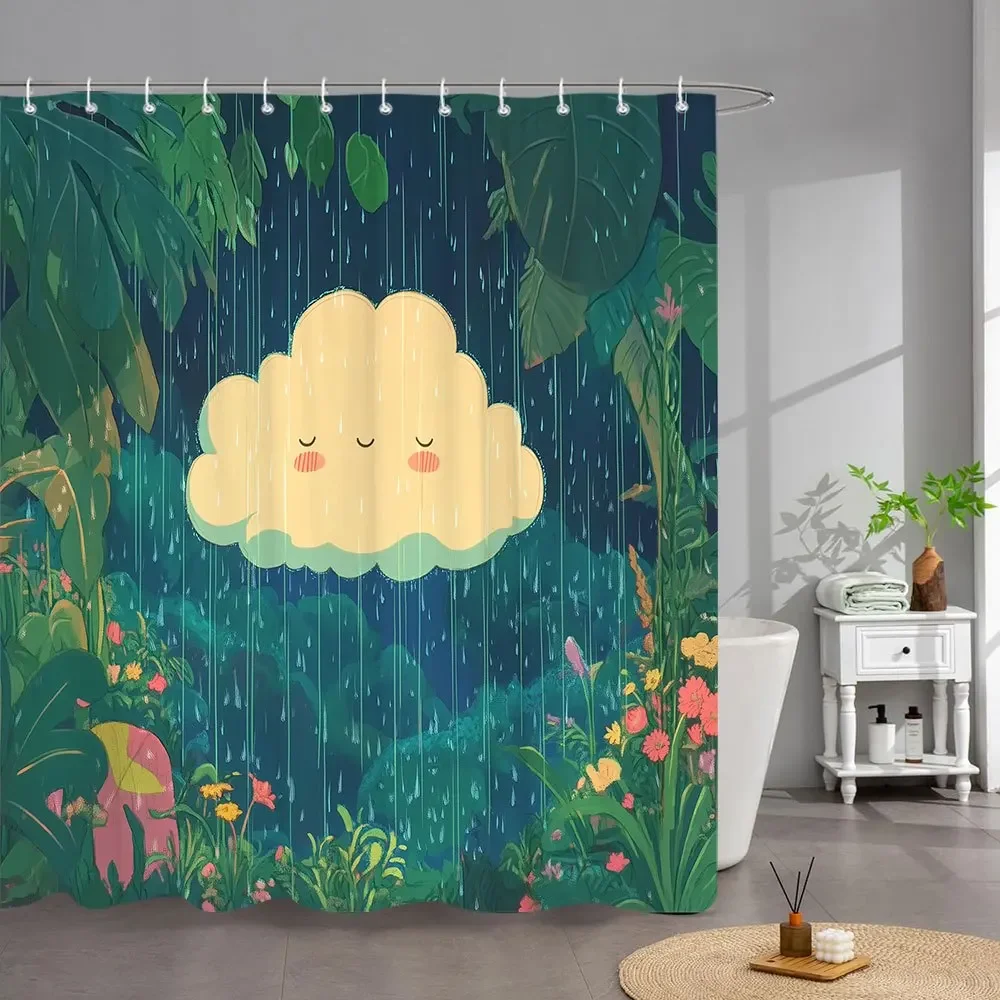 

1шт тропическая занавеска для душа с изображением дождя счастливым облаком и розовыми цветами - 70 шт. 86х70. 86-дюймовая полиэфирная ткань, 12 крючков, машинная стирка