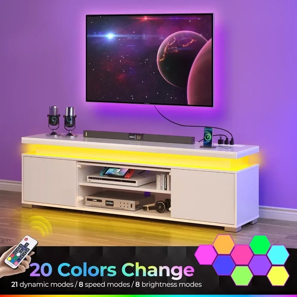 TV Stand With LED Lights & Power Outlet Furniture Universal Gaming Media Stand Storage Cabinet and Large Storage Table White