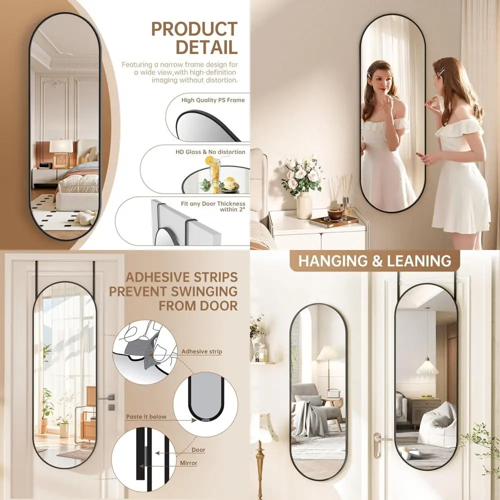 

Зеркало для двери с арочным закаленным стеклом, 51,1 x 15,7 дюймов, черная рама