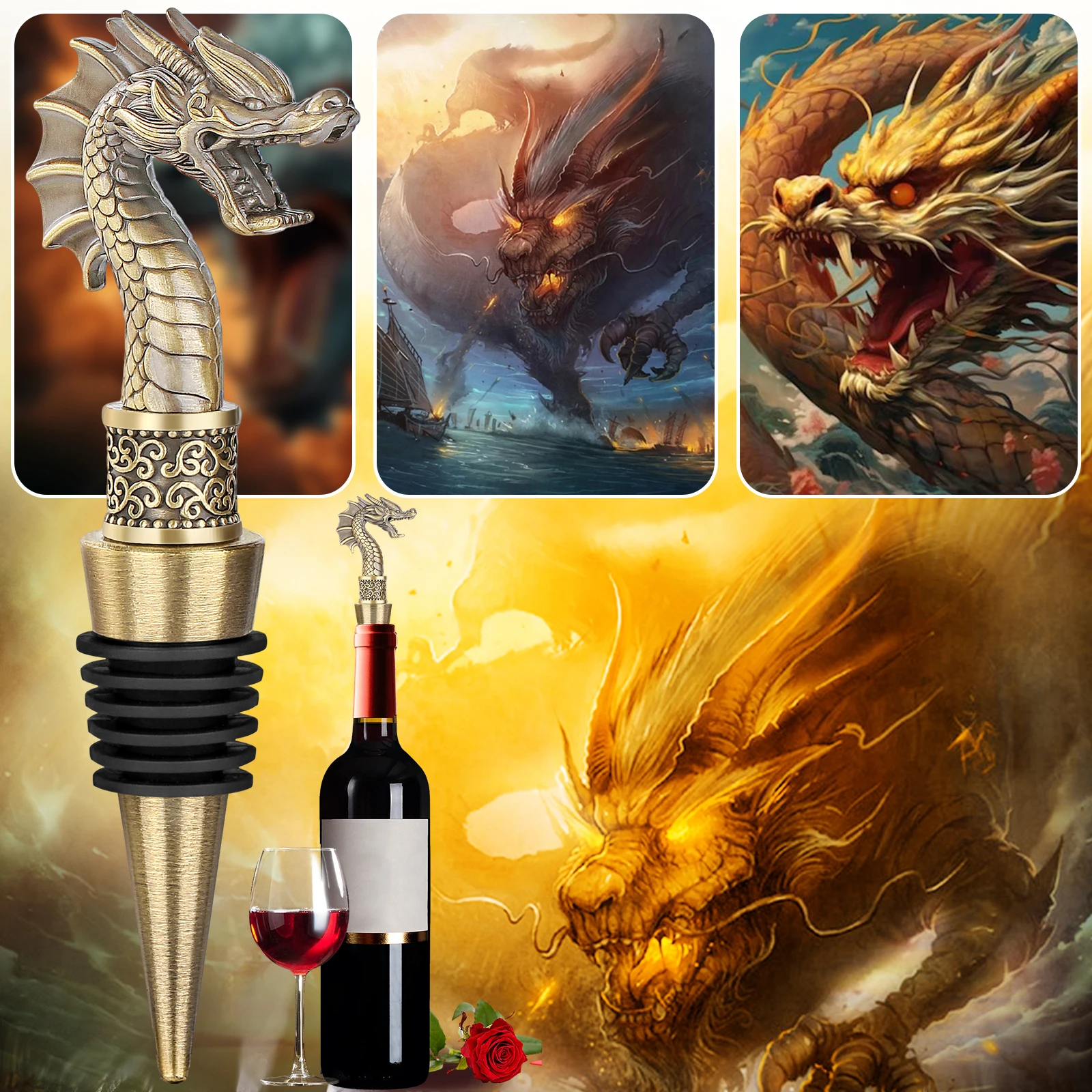 LKKCHER Useful 2-in-1 Dragon Head Wine Stopper and Opener Fashion Home Bar Ornaments Bottle Saver Gifts for Men