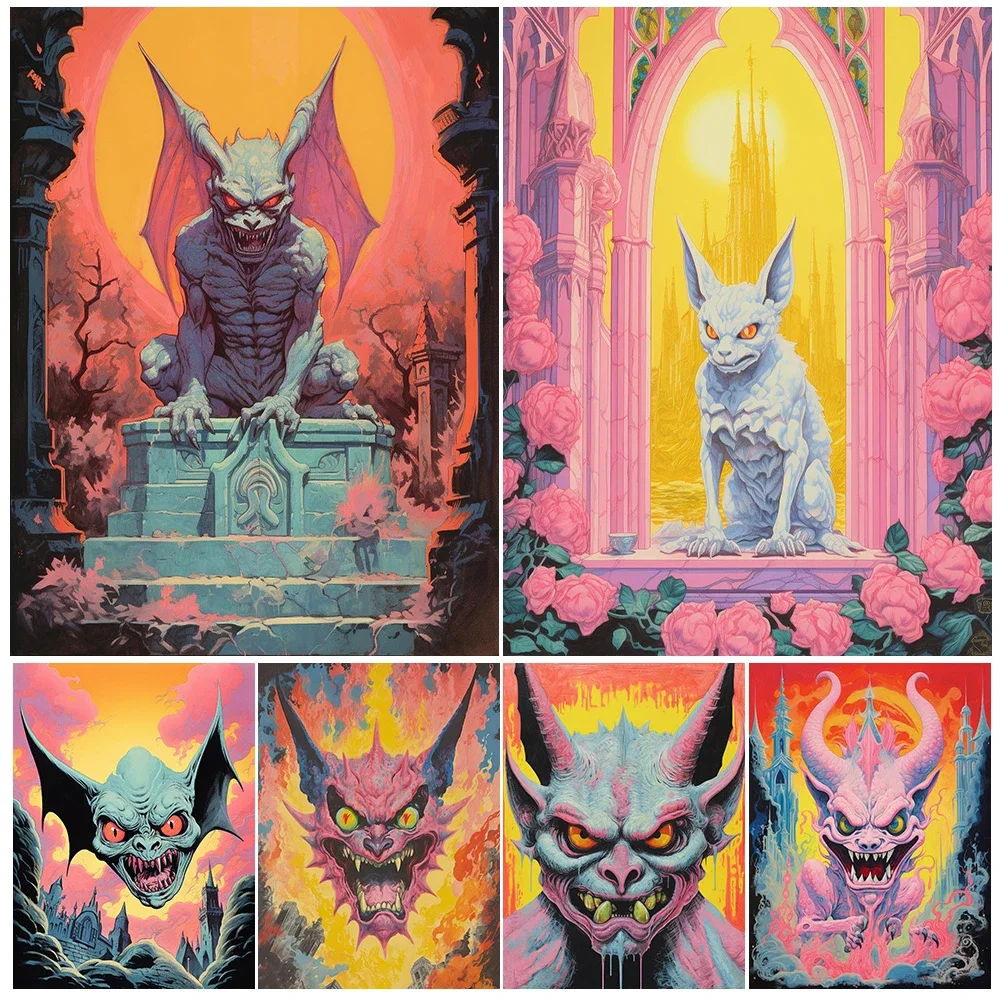 

Little Pink Devil In Hell Vintage Wall Art Canvas Painting Devils Fangs Mysterious Witchcraft Gothic Art Poster Print Home Decor