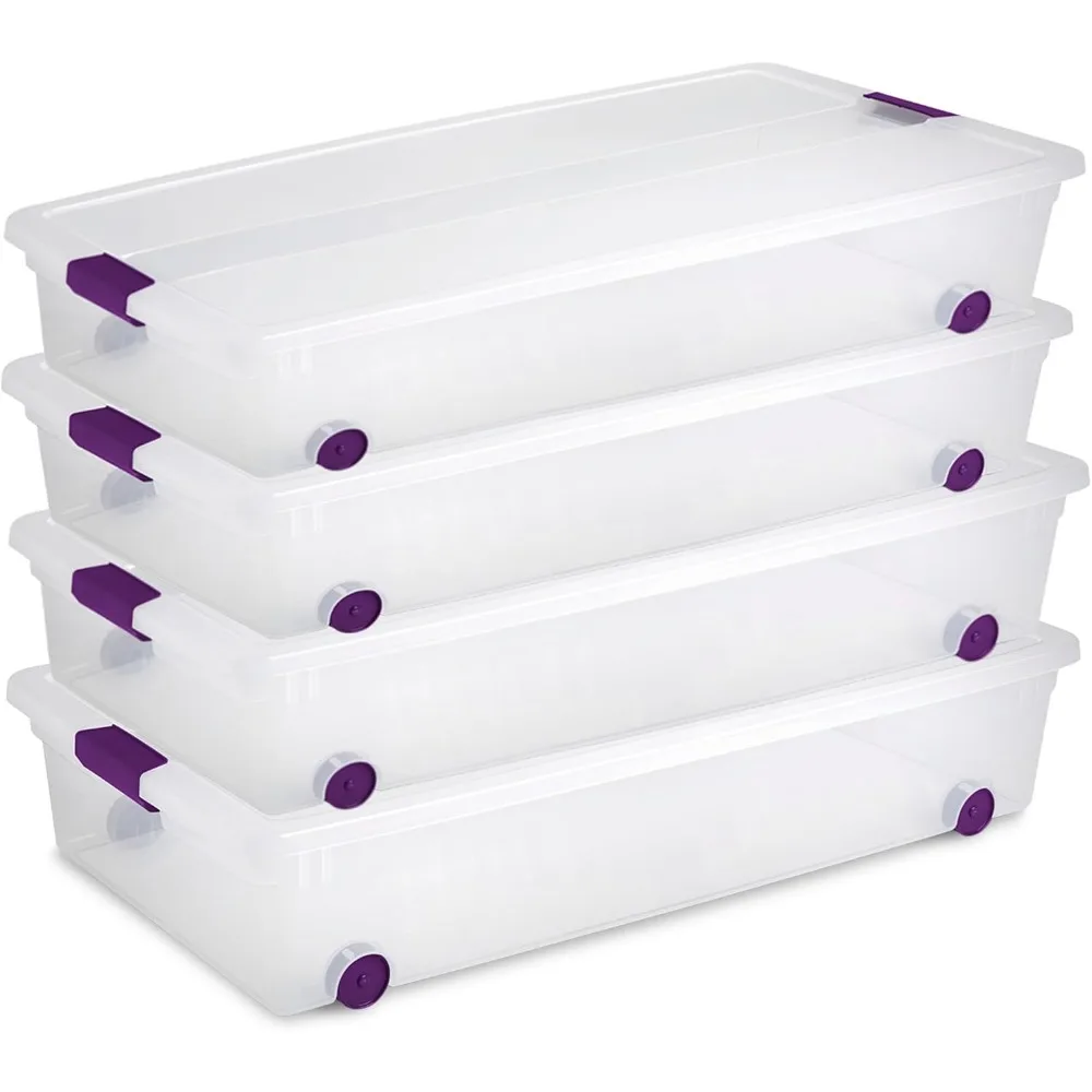 4 عبوات من صندوق مزلاج ClearView سعة 60 لترًا، صناديق تنظيم السرير بعجلات مع أغطية للإغلاق - منظمة بلاستيكية شفافة
