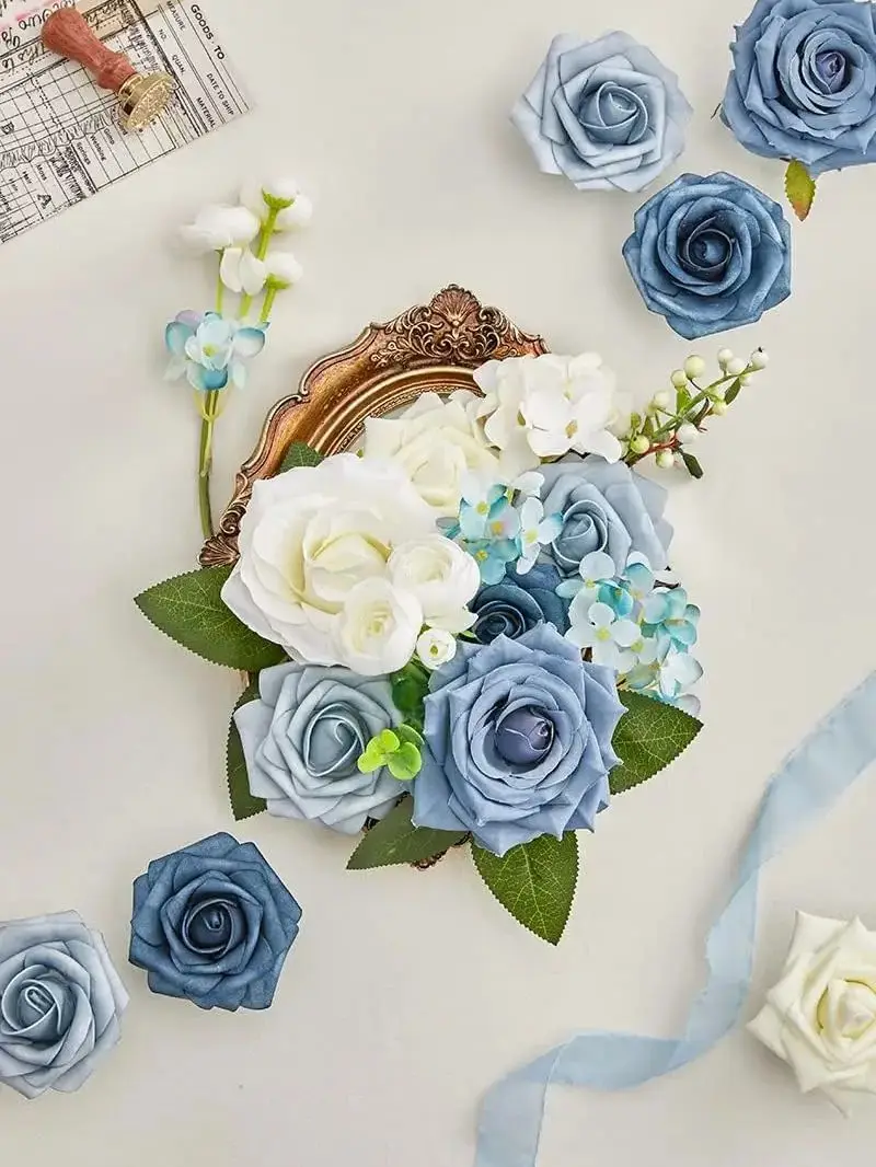 White blue rose artificial flower combination box set, bride bouquet, outdoor/indoor DIY center item, used for decoration