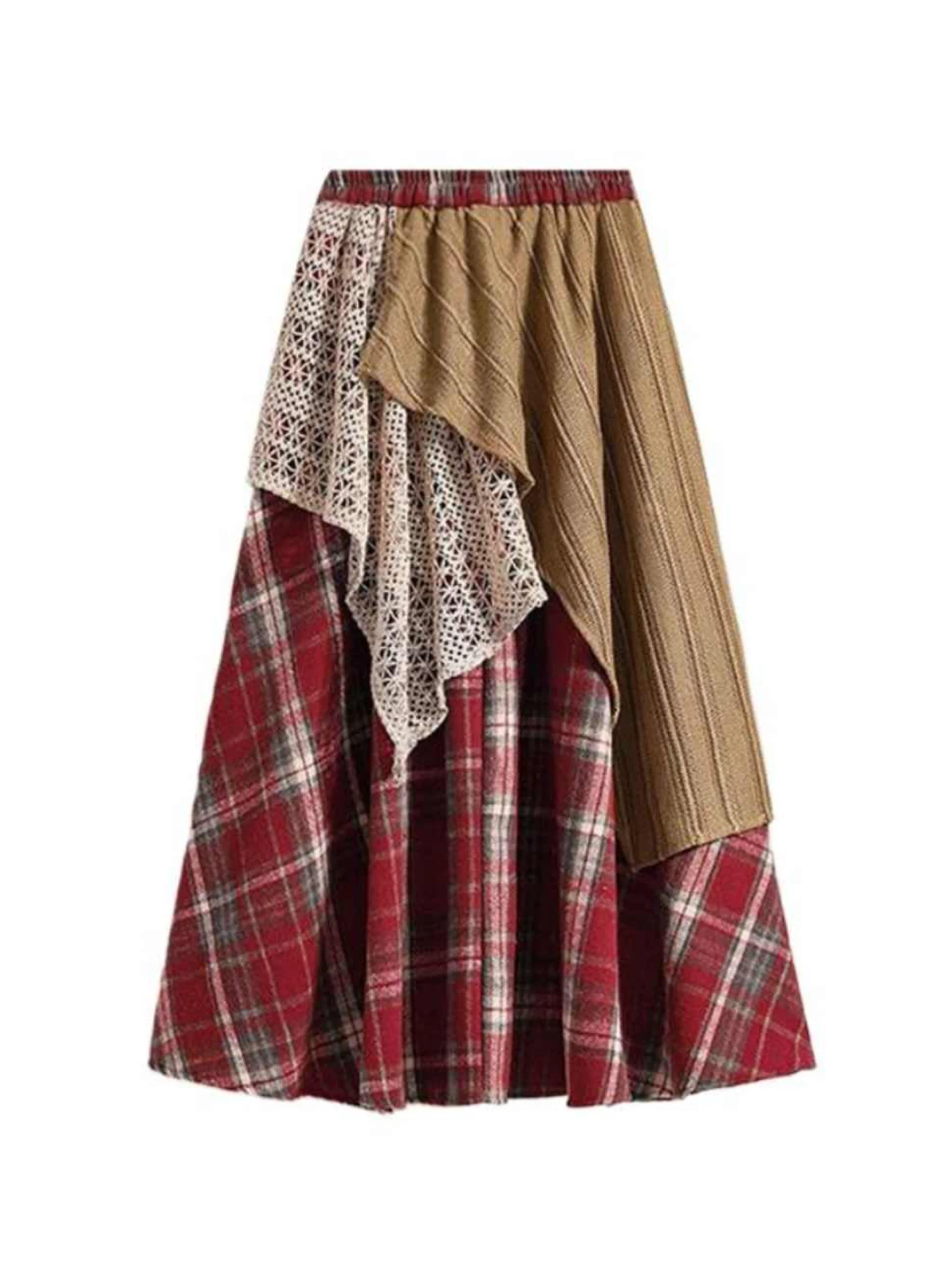 

Women Red Patchwork A-line Plaid Skirt Fashion 90s Vintage Y2k Gyaru Mid Long Skirt Harajuku 2000s Mori Girl Skirt Clothes 2025