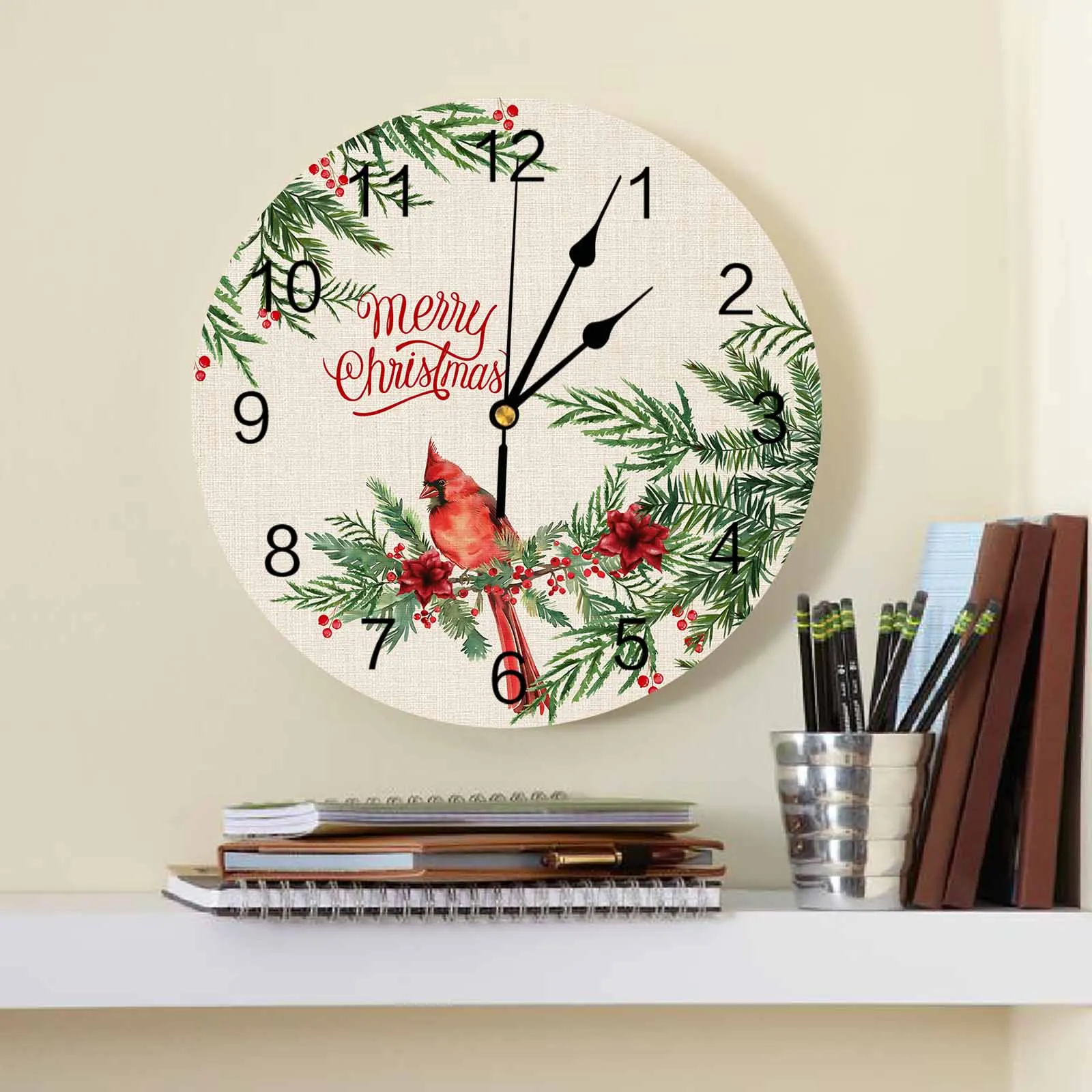 Christmas Berry Plants Cardinals Wall Clock Large Modern Kitchen Dinning Round Wall Clocks Bedroom Silent Hanging Watch