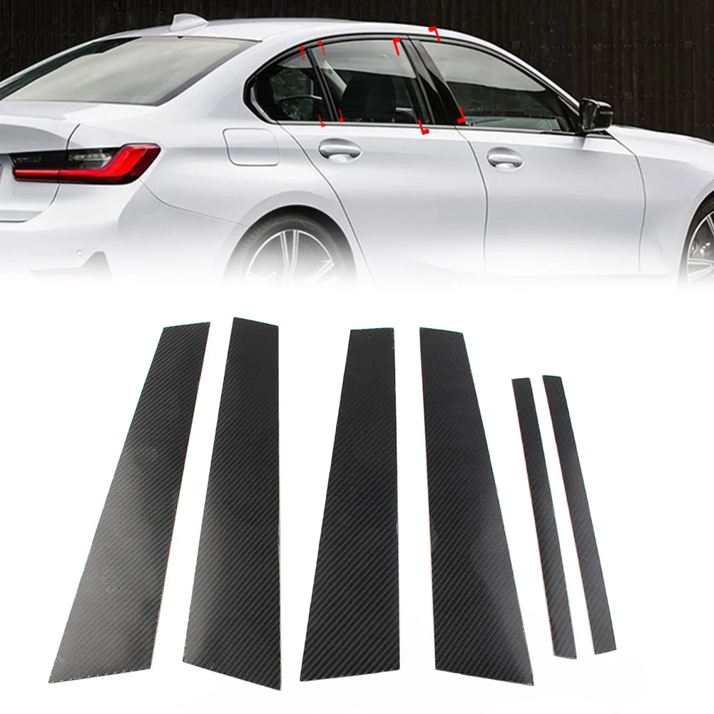 6Pcs Carbon Fiber Car Exterior Door Window B Pillar Post Cover Trim For BMW 3 Series G20 325Li 330d 335 2019 2020