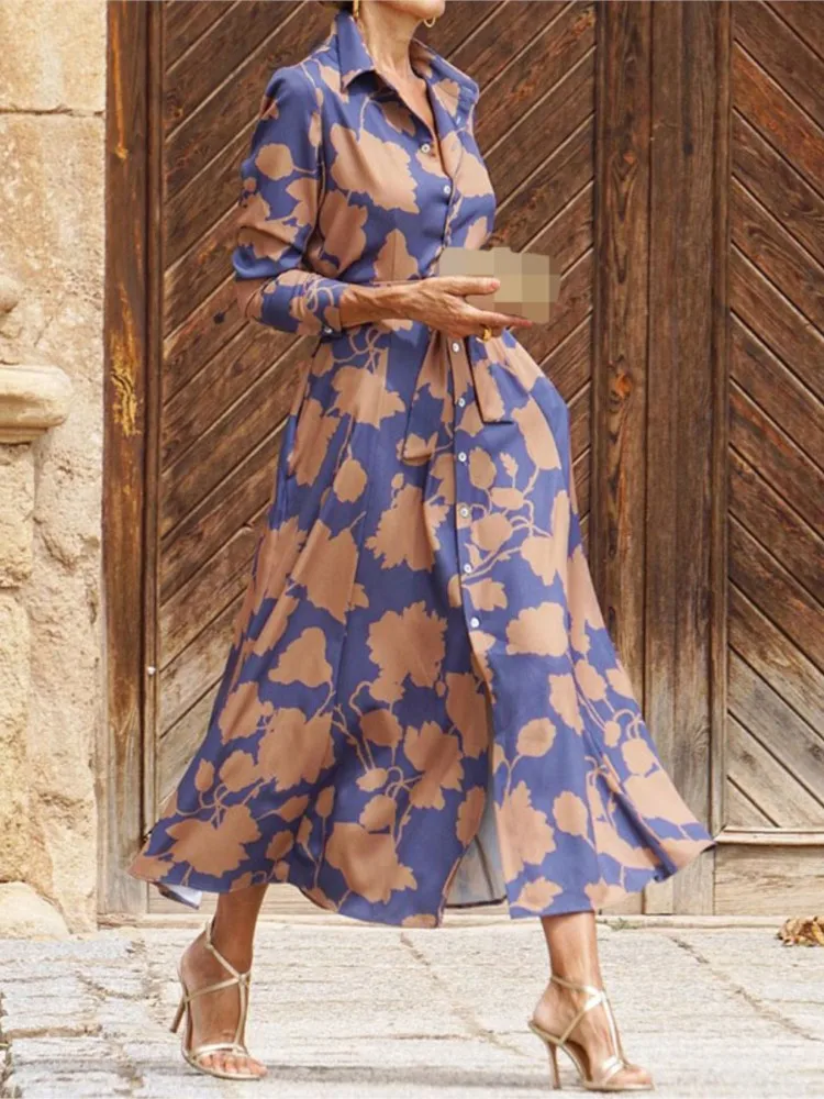 

Women's 2024 Spring New Fashionable Printed Sexy Belt Casual Comfortable Collar Single Breasted Long Ankle Dress