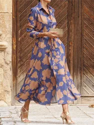 Women's Dress Spring Fashionable Printed Sexy Belt Casual Comfortable Collar Single Breasted Long Ankle Dress Ropa Para Mujer
