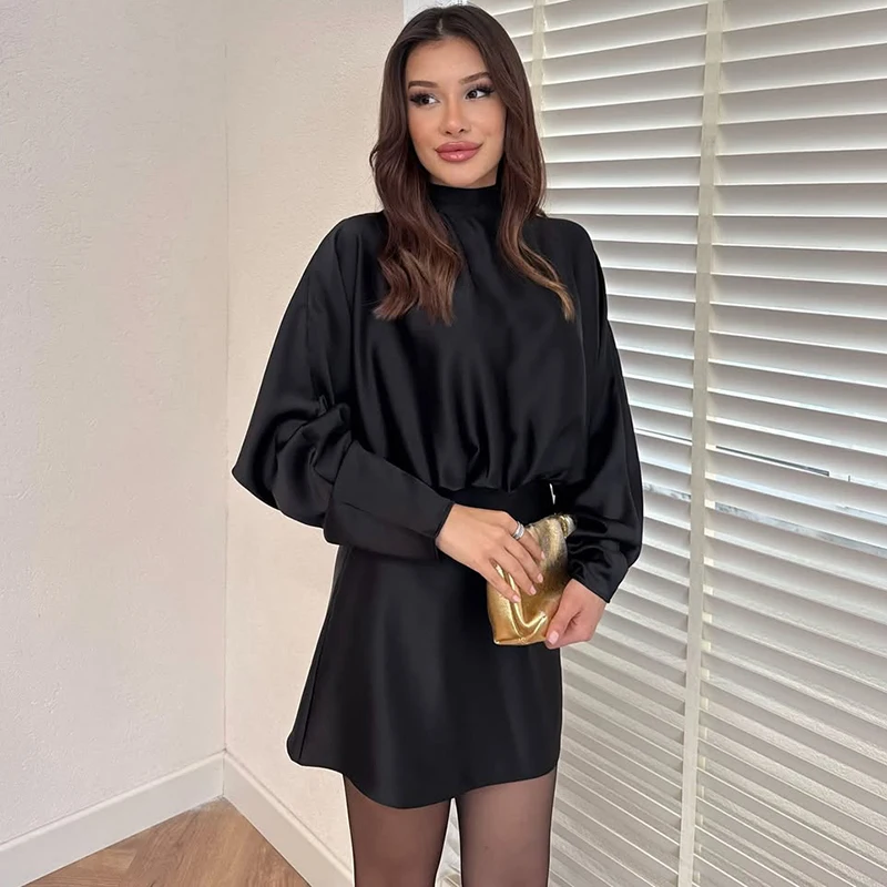 Typhaland Elegant Commute Satin Mini Dress Women's Fashion Sexy High Waist Crew Neck Long Sleeves Evening Party Dress Female