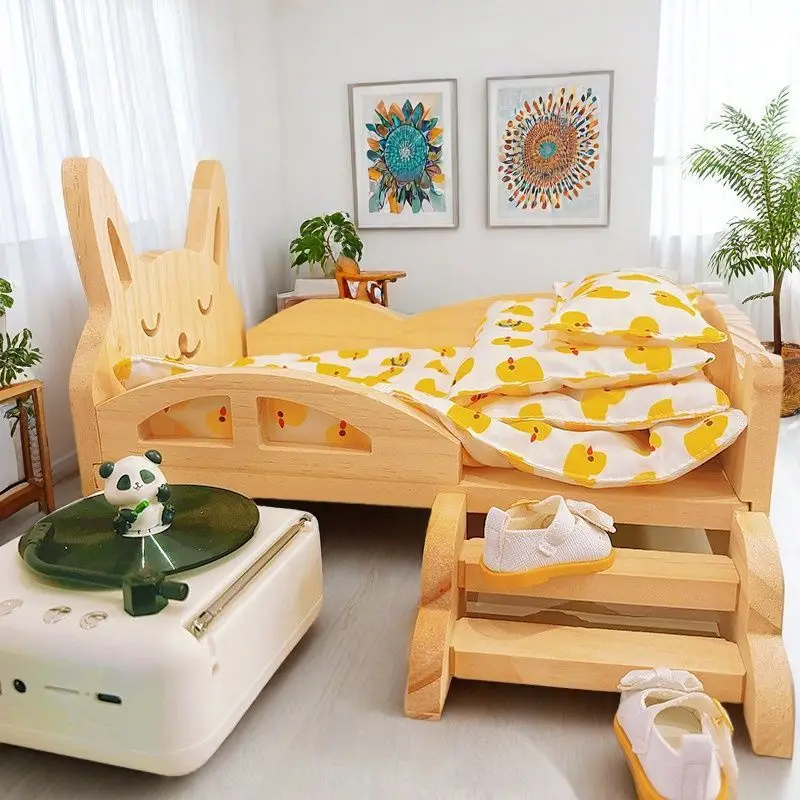 per labubu Cotton Doll Bed 30 cm Set di mobili stile principessa per giochi immaginari Biancheria da letto per bambole Giocattolo per lettino in legno in due pezzi