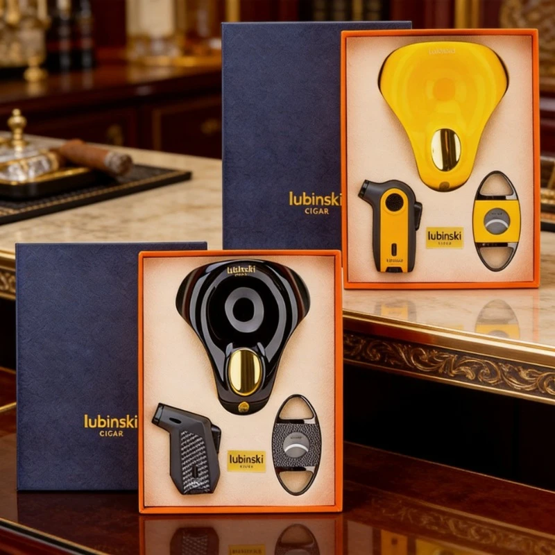 

LUBINSKI Cigar Three Piece Set Luxury Turbo Lighter Metal Cigar Cutter Ceramic Ashtray Cigar Accessories High-end Men's Gift