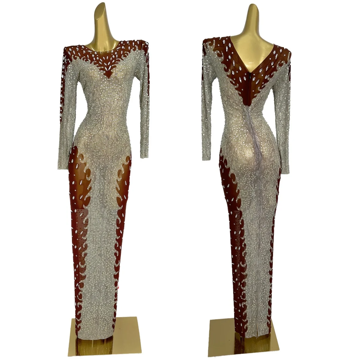 

Brown See Through Mesh Sexy Prom Long Dresses Sparkly Rhinestone Elegant Women Evening Dress Night Out Birthday Party Outfit