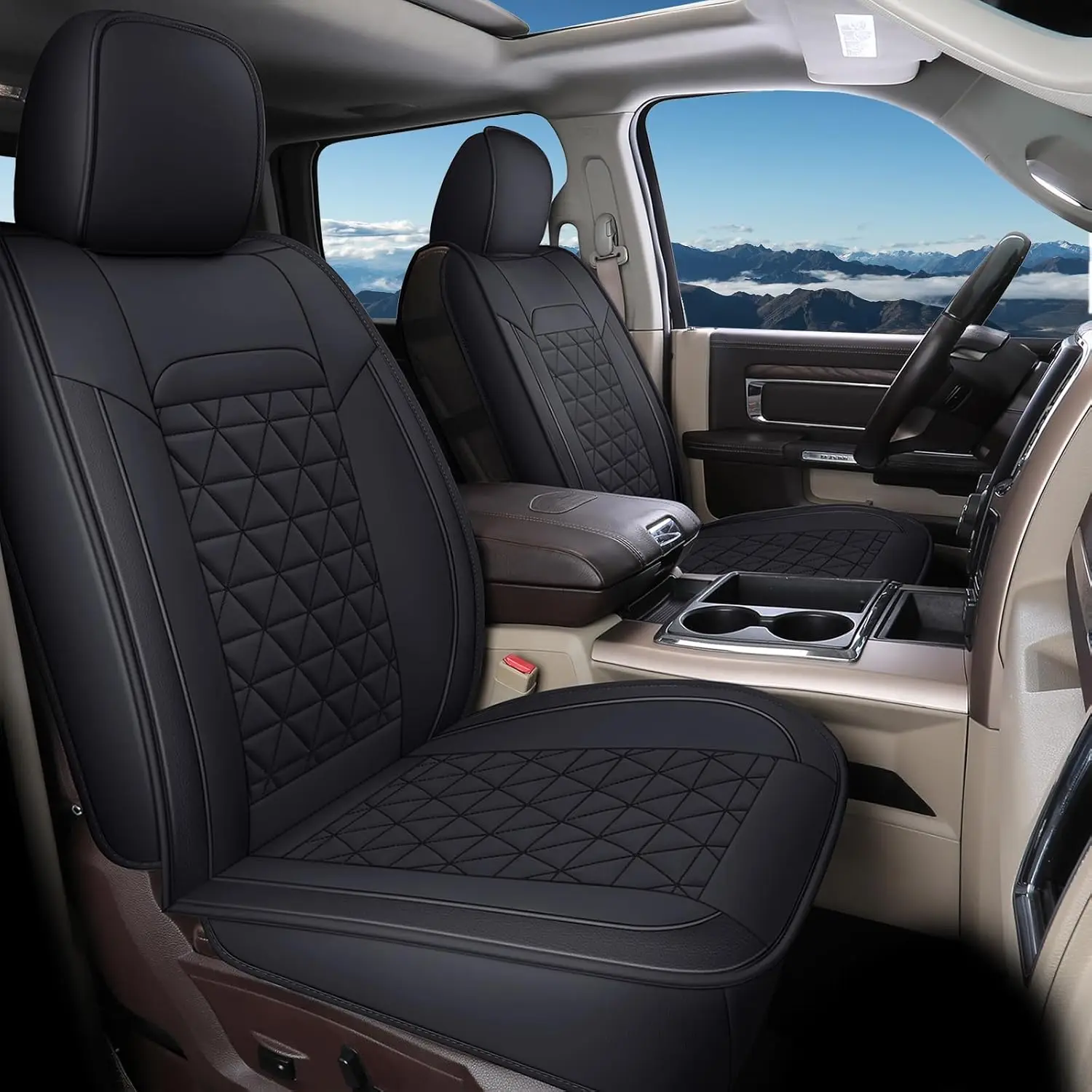 

Leather Car Seat Covers Full Set for RAM 1500 2500 3500 Crew Double Mega Quad Cab with Flat Bench 2002-2026, Black