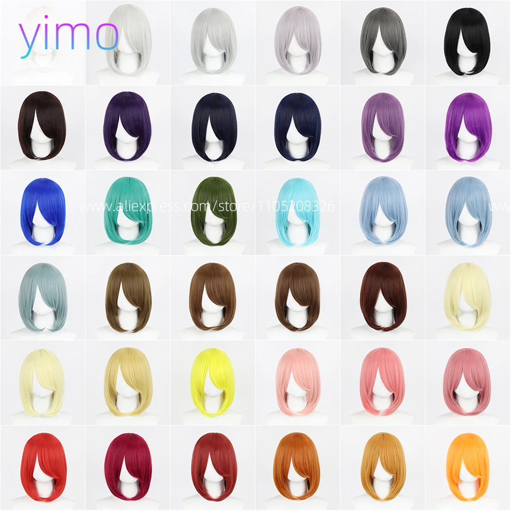 

40cm Medium Universal cos wig Basic Anime Cosplay Wig Bang Blond Black White Red Pink Green Brown Gold Blue Heat Resistant Synth
