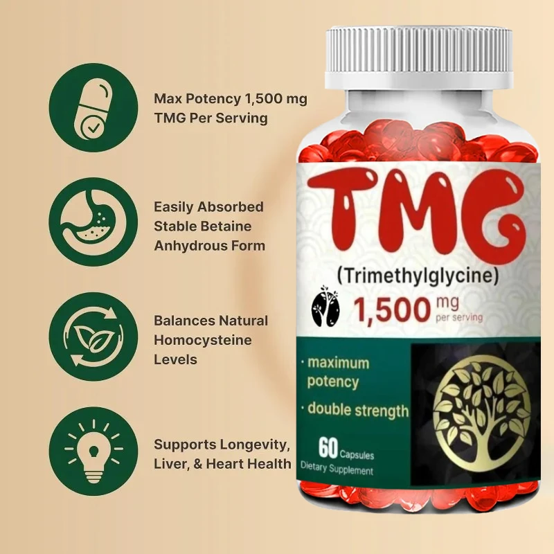 

Добавка TMG 1500 мг - бетанин, бетановый триетолглицин, поддержка здоровья печени, 60 капсул