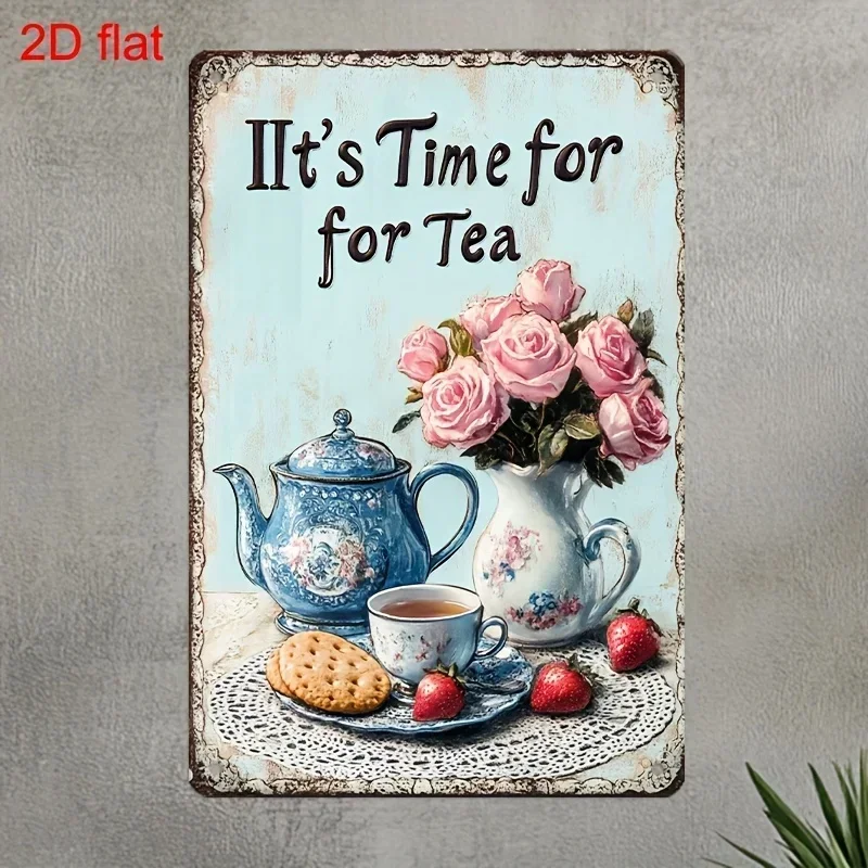 2D Flat - A Vintage Metal Sign for Tea Time, Measuring 7.9X11.8 Inches (20X30Cm). It'S Durable, Pre-Perforated, And Easy to Hang