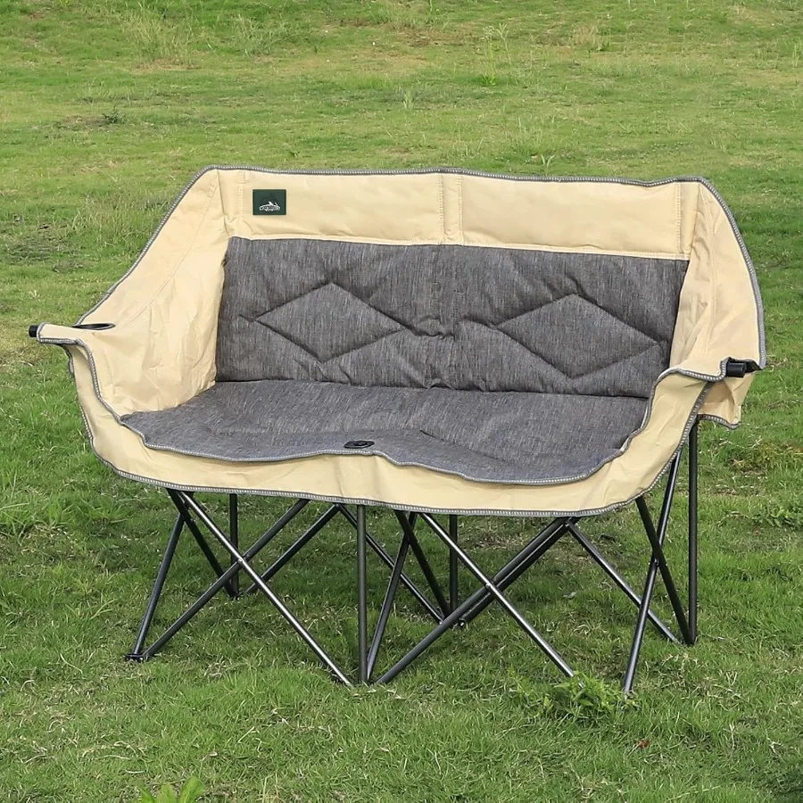 Folding Loveseat Camping Chair Portable Double Duo Full Padded Garden Chair for 2 Person Sofa with 2 Cup Holders and Wine Glass
