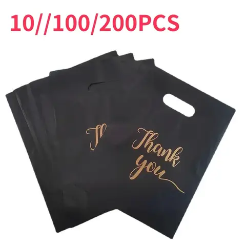 10-200pcs Gift Bag Thank You Black Gift Packaging Bags Flat Mouth Bag Hand-held Plastic Bag Shopping Bags Birthday Christmas