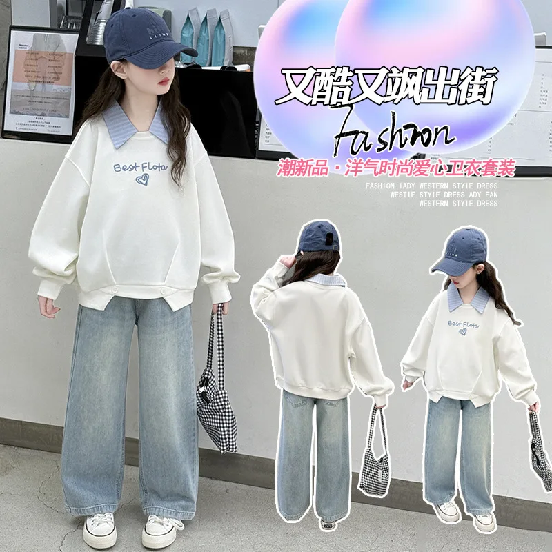 

Kawaii спортивная рубашка с лацканами для девочек, топы, комплект ковбойских штанов, студенческий осенний повседневный свитшот, длинные штаны, комплект из 2 предметов, детская одежда