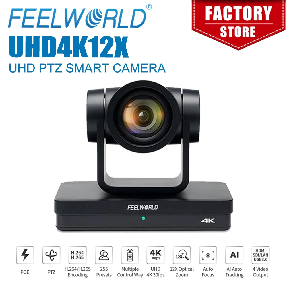 Cámara FEELWORLD UHD4K12X PTZ con zoom óptico de 12X para transmisión de videoconferencias, transmisión en vivo, educación, poco ruido y alto SNR