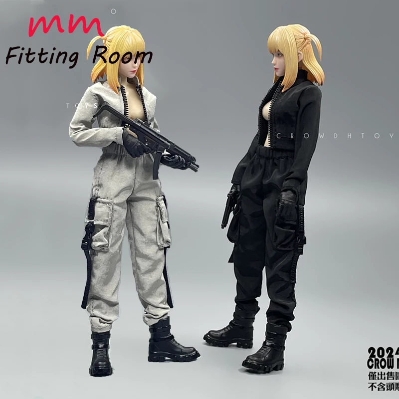 CROWDHTOYS Puppen im Maßstab 1:12, weibliche Soldatenkleidung, schwarze Arbeitshose, grauer kurzer Mantel, passend für 6-Zoll-Actionfiguren-Körpermodell
