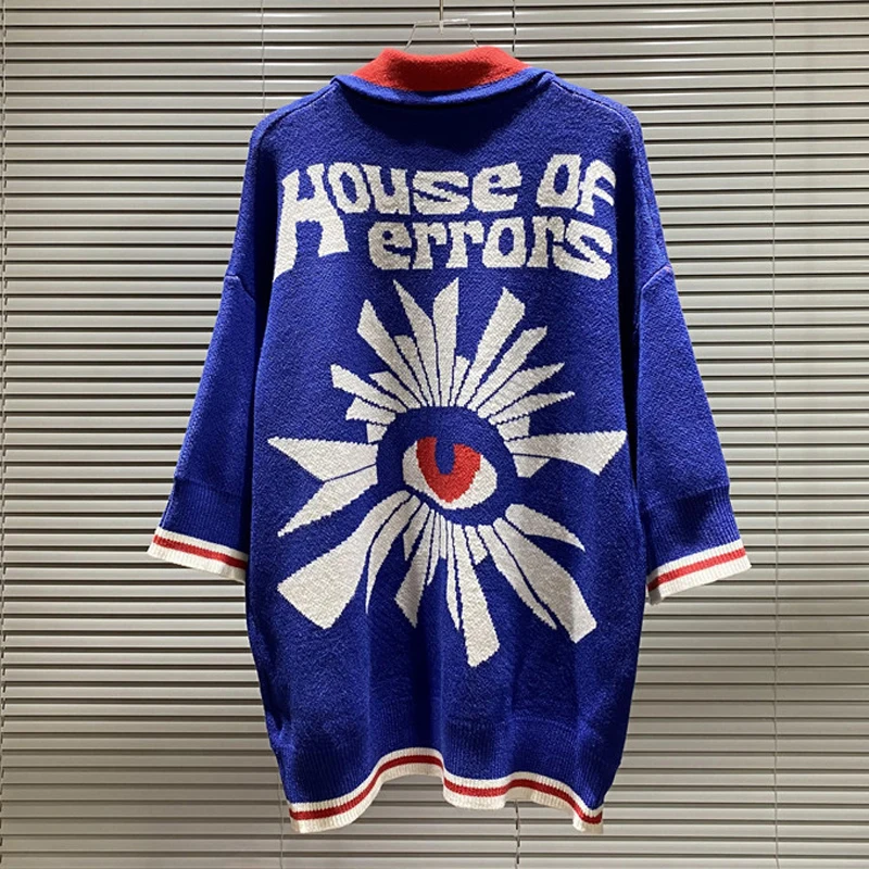 Maglione House of Errors di tendenza europea americana Polo a mezza manica lavorata a maglia jacquard multicolore di alta qualità
