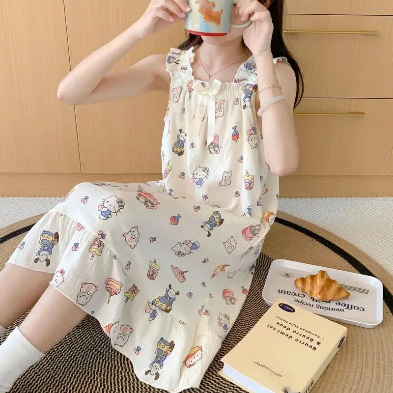 

Модная женская ночная сорочка с мультяшным принтом, милая студенческая пижама, летняя молодежная домашняя одежда на бретельках, впитывающая пот, дышащая