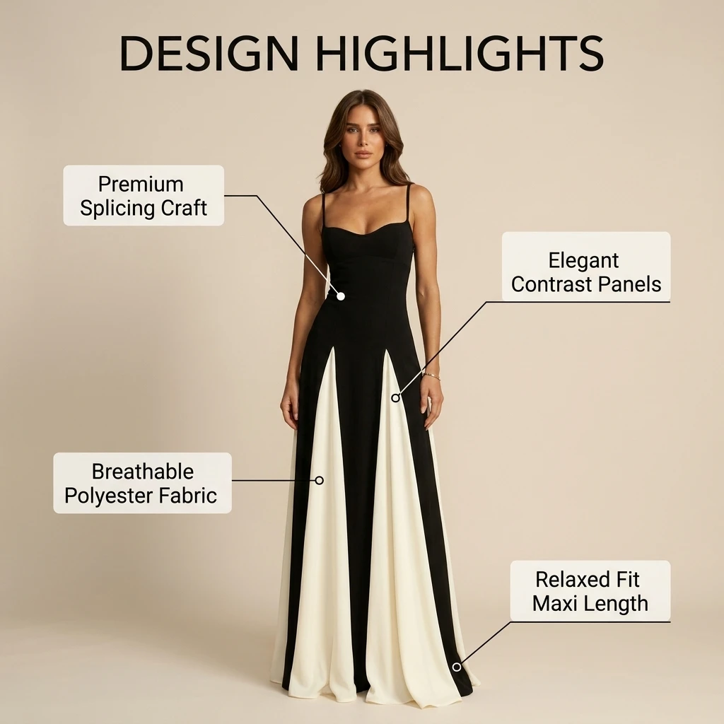 Maxi Dress for Women Spaghetti Strap Contrast Color Spliced Casual Summer Vacation Long Dress